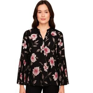 White House Black Market Floral Chiffon Bell Sleeve Blouse EUC Size 6
